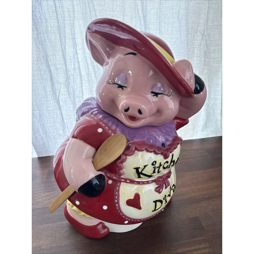 Vintage Mercuries Ceramic Kitchen Diva Red Hat Society Pig Cookie Jar With Spoon